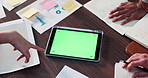 Green screen, tablet and documents with hands of business people for meeting, data analytics and research. Planning, marketing proposal and online report with employees for discussion and teamwork