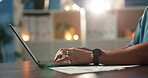 Laptop, typing and hands of business person at night for planning, research and bookkeeping review. Account records, report deadline and bokeh with employee in office for revenue audit and online