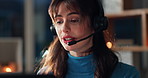 Headset, call center and businesswoman in office at night for global query with multilingual assistance. Microphone, customer service and technical support agent with translation in crm at workplace.