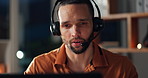 Microphone, call center and businessman in office at night for global query with multilingual assistance. Headset, customer service and technical support agent with translation in crm at workplace.