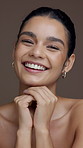 Laugh, beauty and face of woman in studio for skincare results, cosmetics and facial treatment. Salon, dermatology and portrait of happy person for natural glow, shine or wellness on brown background