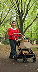Adventure, smile and woman with dog in stroller for bonding, break, companionship or walking. Outing, travel or trip with beagle puppy and Japanese person in park together for journey or loyalty