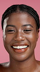 Skincare, smile and face of black woman in studio with confidence, skin glow and natural beauty. Salon, aesthetic and portrait of happy person for dermatology, shine and cosmetics on pink background