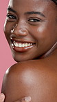 Body care, beauty and face of black woman in studio with natural, glow or hydration for smooth skin. Portrait, wellness and African person with cosmetics, health or dermatology by pink background.