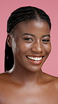 Skincare, studio and face of African woman with confidence, skin glow and natural beauty. Salon, aesthetic and portrait of happy person for dermatology, shine and cosmetics on pink background