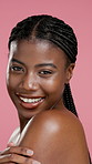 Body care, smile and face of black woman in studio with beauty, natural or smooth skin for glow. Portrait, hydration and African female person with dermatology or cosmetics routine by pink background