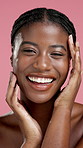 Beauty, pink background and face of happy black woman with confidence, skin glow and skincare. Salon, aesthetic and portrait of person for dermatology, natural shine and cosmetics on pink background
