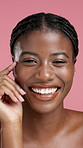 Pink background, beauty and face of black woman with smile for skincare, glow and natural cosmetics. Salon, spa aesthetic and portrait of person for dermatology, shine and satisfaction in studio