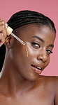 Skincare, face and woman with serum for anti aging, happy or self care with cosmetic or moisturizer. Studio background, black person and facial treatment for healthy skin, wellness or hyaluronic acid