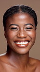 Skincare, happy and face of black woman in studio with beauty, natural or cosmetics for facial glow. Happy, health and portrait of African person with dermatology for hydration by brown background.