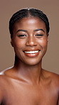 Skincare, face and black woman in studio with beauty, natural or cosmetics for facial glow. Happy, health and portrait of African female person with dermatology for hydration by brown background.