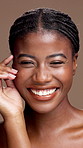 Happy black woman, face and skincare for dermatology, beauty and facial hydration. Cosmetics, skin health and African model with glow, wellness or natural with self care on brown studio background