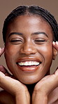 Natural, skincare and face of happy black woman for cosmetics, beauty and facial treatment. Dermatology, aesthetic and portrait of African person for grooming, skin glow or shine on studio background