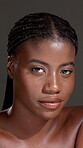 Glow, skincare and face of black woman in studio with hydration, healthy skin and collagen results. Dermatology, girl and confidence on gray background for natural beauty, anti aging and self care