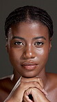 Beauty, skincare and face of black woman in studio with hydration, skin treatment and glowing. Dermatology, person and confidence on gray background for natural cosmetics, anti aging and self care
