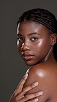 Face, body care or black woman on gray background with beauty, glow or skin hydration. Shine, shoulder or African female person isolated in studio with smooth texture, confidence or hygiene cosmetics
