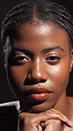 Studio, face and woman with glow, skincare or wellness of smooth skin, cosmetic or facial treatment. Black background, African person and self care for beauty, shadow and shine with dermatology