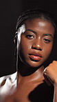 Face, woman and skincare of natural beauty, smooth texture and glow results in studio. African female person, lighting and cosmetics of facial, treatment aesthetics and dermatology on dark background