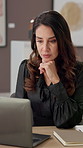 Laptop, typing and businesswoman in art gallery for email, communication or contact for negotiation. Computer, planning and female curator with online order from creative exhibition at office.