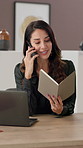 Laptop, notebook and phone call with woman in museum for management or negotiation or exhibition. Computer, conversation and schedule with mature director in gallery for communication or information