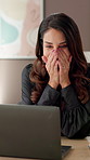 Applause, laptop and surprise with woman in museum for achievement, celebration or deal as winner. Computer, excited and sale with mature director clapping in office of gallery for goals or target