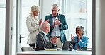 Applause, success and tablet with business people in office for achievement, milestone or motivation. App, bonus and congratulations with employee team clapping at work together or goals or target