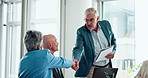 Group, business people and shaking hands in meeting to welcome client, greeting or support. Office, handshake and happy mature manager with hello for b2b partnership, introduction and corporate deal
