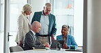 Boardroom, men and women with laptop, meeting and explaining funding opportunity, website or online. Talking, entrepreneur or mature people with paperwork, plan or discussion for investment in office