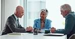 Boardroom, woman and negotiation with men, documents or meeting with client for funding opportunity. Talking, entrepreneur or mature people with paperwork, plan or discussion for investment in office