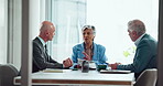 Boardroom, woman and meeting with men, documents or negotiation with client for funding opportunity. Talking, entrepreneur or mature people with paperwork, plan or discussion for investment in office
