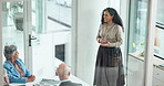 Presentation, pitch and meeting with business woman in office for growth strategy, shareholder and planning. Investment proposal, discussion and above of people in boardroom for speaker and screen