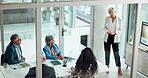 Presentation, speaker and meeting with business woman in office for growth strategy, shareholder and pitch. Investment proposal, discussion and above of people in boardroom for planning and screen