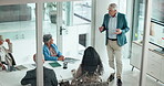 Presentation, planning and speaker with business man in office for growth strategy, shareholder and pitch. Investment proposal, discussion and above of people in boardroom for meeting and screen