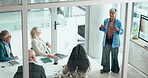 Presentation, team and meeting with business woman in office for growth strategy, shareholder and pitch. Investment proposal, discussion and above of people in boardroom for speaker and screen