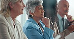 Thinking, woman and audience in seminar, serious and training session for team or business strategy. Talking, people and presentation for learning, gathering and crowd in corporate company and event
