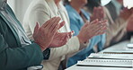 Business, panel or clapping hands in meeting for corporate training, expo success or seminar speech. Conference, people or applause in workshop for career development, upskill convention or well done