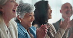 Business, women and laughing with clapping in seminar for funny speech, thank you or event success. Global expo, audience and applause in corporate training for ice breaker, comic workshop or support