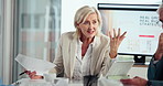 Loss, contract or angry business people in meeting with stress, bad news or tax document. Reject, fail or frustrated manager shouting group for crisis, risk strategy or plan with mistake or paper