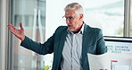 Contract, shouting or angry CEO in meeting with stress, bad news or tax document for loss. Reject, fail or frustrated leader talking to group for crisis, risk strategy or business with office mistake