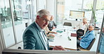 Business man, whiteboard and presentation with team, writing proposal or compliance training. Mature presenter, manager and coaching with group for strategy, policy development and talking in office