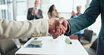 Office, applause and business people shaking hands for deal, success or financial acquisition. Team, clapping and handshake for partnership celebration, b2b merger or  congratulations for investment