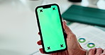 Green screen, phone and hands of business person in office for mobile app, fintech website and contact us. Professional, mockup space and worker on smartphone for stock trading, finance and research