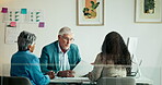 Documents, management and meeting with business people in office together for discussion or planning. Conversation, explain or ideas with employees and manager in workplace for delegation process