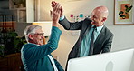 Computer, high five and mature business men with success, congratulations or achievement in office. Mentor, feedback and financial advisors with celebration for profit growth, goal or teamwork