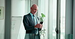 Happy, phone and business man in office for typing message, social networking and contact. Professional, corporate and mature person on smartphone for website, email and communication on mobile app