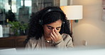 Business woman, agent and headache with headset for stress, eye strain or overworked in office. Frustrated, female person or consultant with migraine for pressure or virtual assistance in workplace