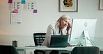 Mature woman, headache and laptop with stress in office for strain, pressure or overworked. Frustrated, female person or migraine with pain on computer for burnout, fatigue or anxiety in workplace