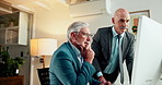 Business people, computer and men in office, teamwork and conversation with website for trading. Employees, financial agency and accounting with pc, advice and research for stock market and feedback