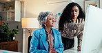Business people, computer and women in workplace, help and coaching with financial agency. Accounting, feedback and employees in office, pc or research for stock market, mentor and trading with email
