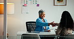 Business woman, handshake and client with documents for application or registration in office. Female person, accountant or financial advisor shaking hands with applicant for loan agreement or deal